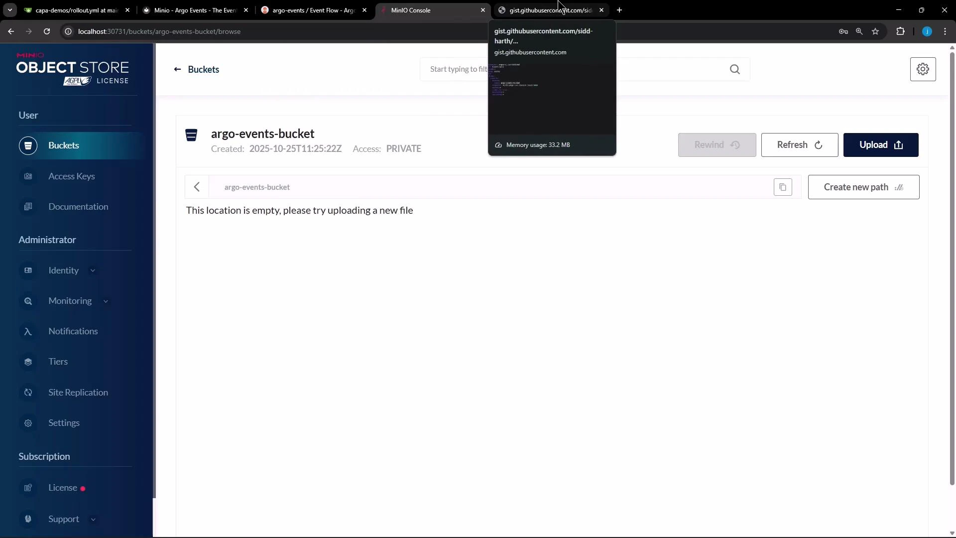 A screenshot of the MinIO Object Store web console showing the "argo-events-bucket" bucket (empty) with sidebar navigation and upload/refresh controls. A small floating preview window at the top shows a GitHub Gist.
