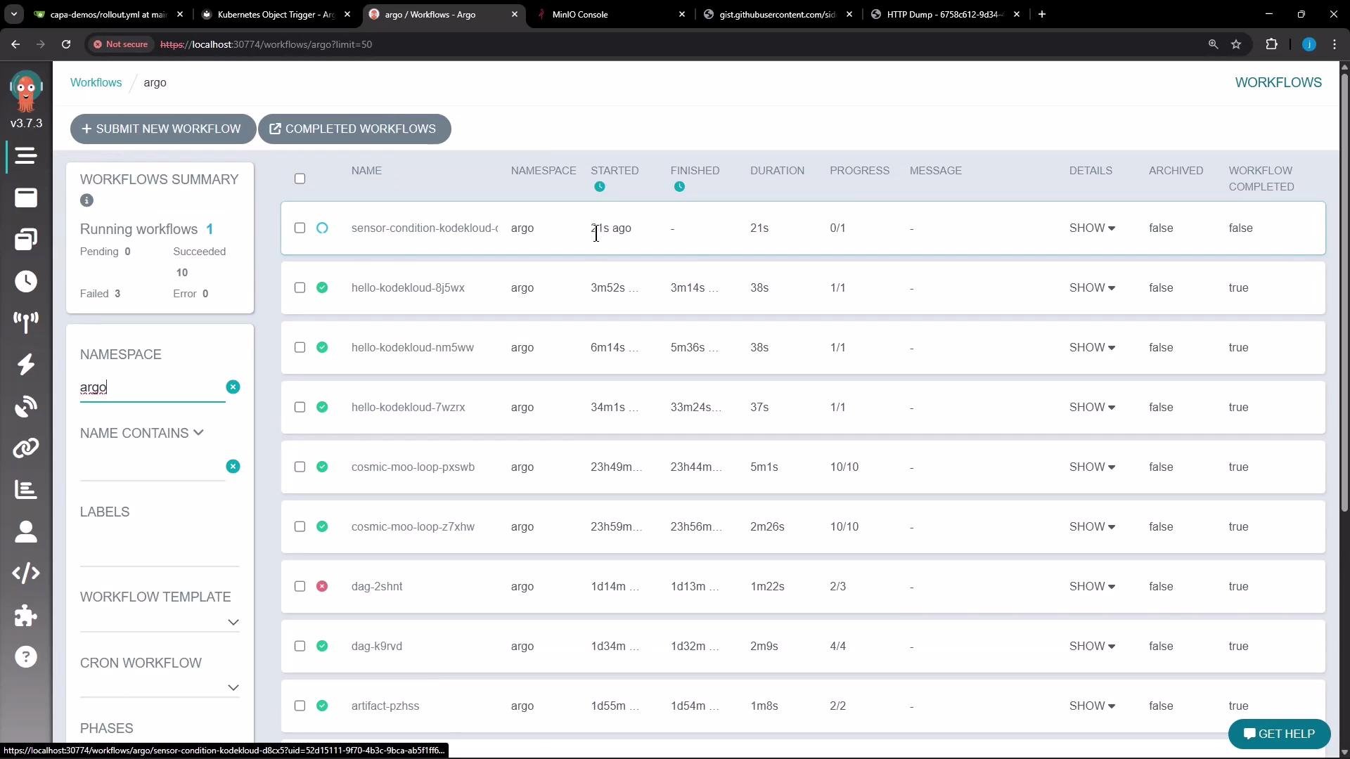 A screenshot of the Argo Workflows web UI showing a list of workflow entries with names, namespaces, start/finish times, durations and progress. A left sidebar shows filters and a workflow summary, and the top has buttons to submit new or view completed workflows.