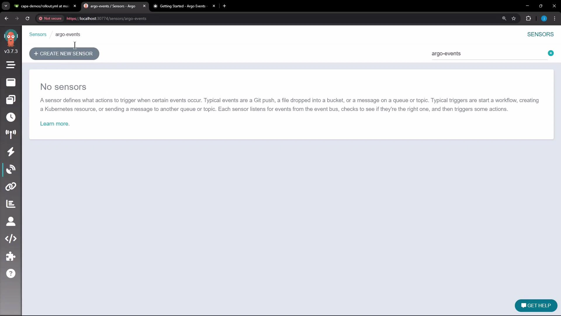 A browser screenshot of the Argo Events "Sensors" page displaying a "No sensors" message and explanatory text, with a "+ CREATE NEW SENSOR" button at the top. The UI shows a left icon sidebar and the page title "argo-events" in the header.
