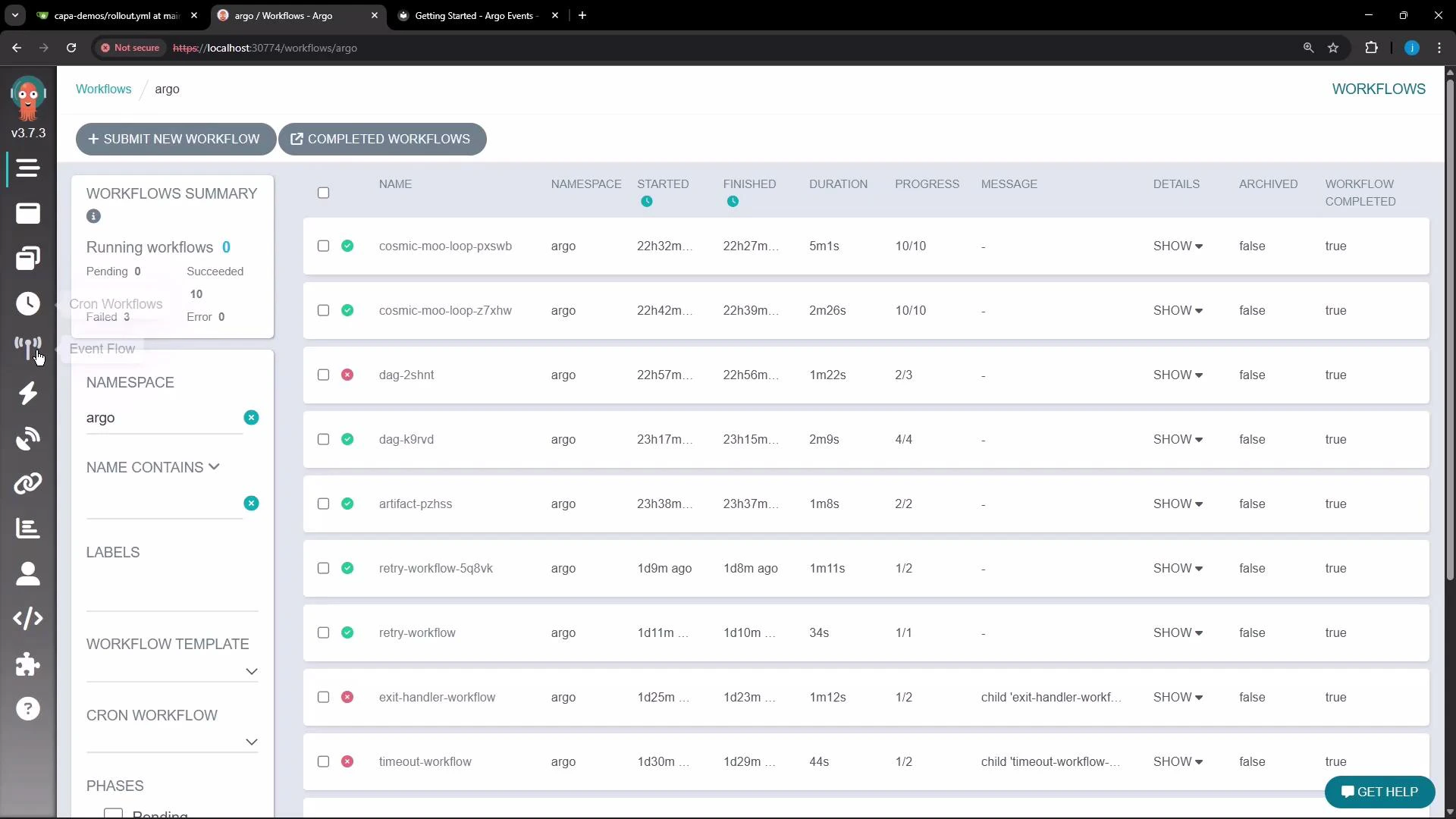 A screenshot of the Argo Workflows web UI showing a list of workflows with columns for name, namespace, start/finish times, duration and progress, plus a left-side filter panel. The top bar includes buttons to submit a new workflow and view completed workflows.