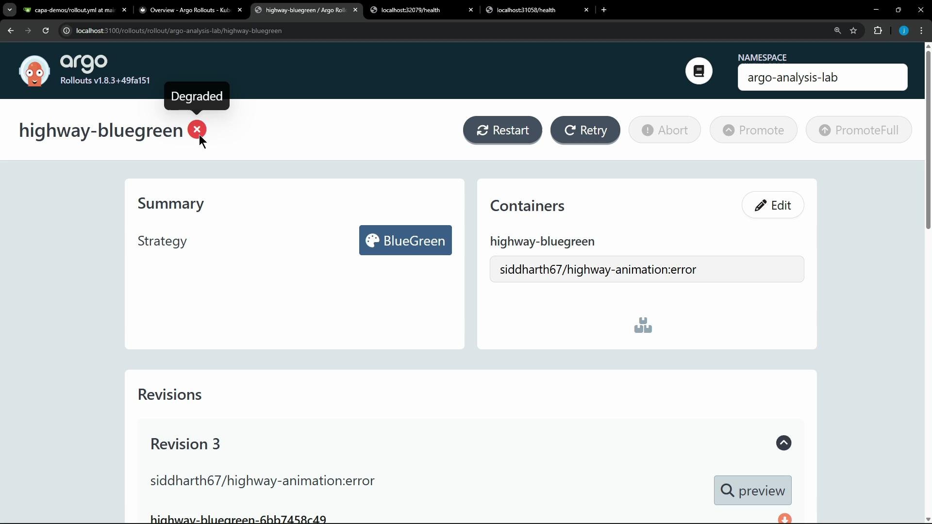A screenshot of the Argo Rollouts web UI for a rollout named "highway-bluegreen" showing a red "Degraded" status, BlueGreen strategy, and container image "siddharth67/highway-animation:error". The page also shows Restart/Retry buttons and revision details.