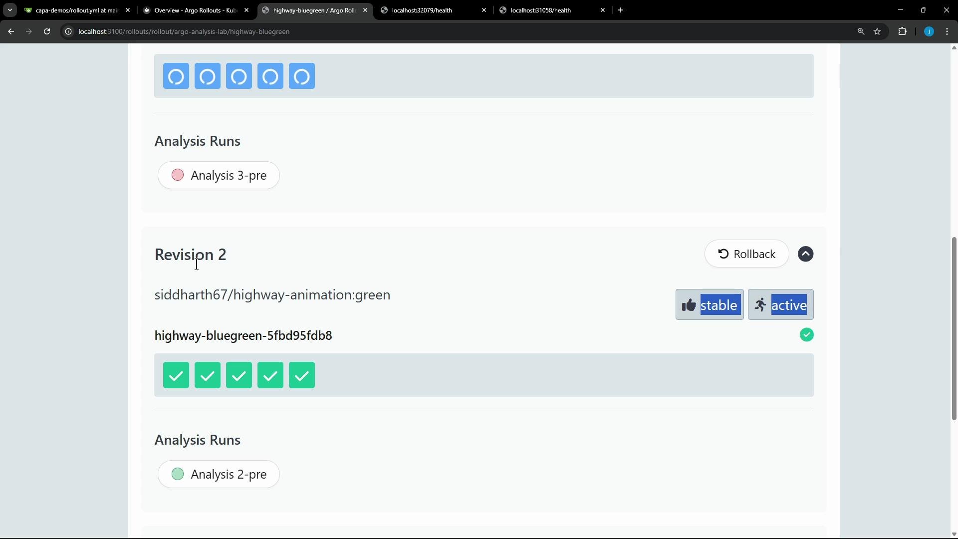 A screenshot of a web UI showing "Revision 2" for the deployment siddharth67/highway-animation:green with several green checkmark status indicators. It also shows "stable" and "active" badges and sections labeled "Analysis Runs."