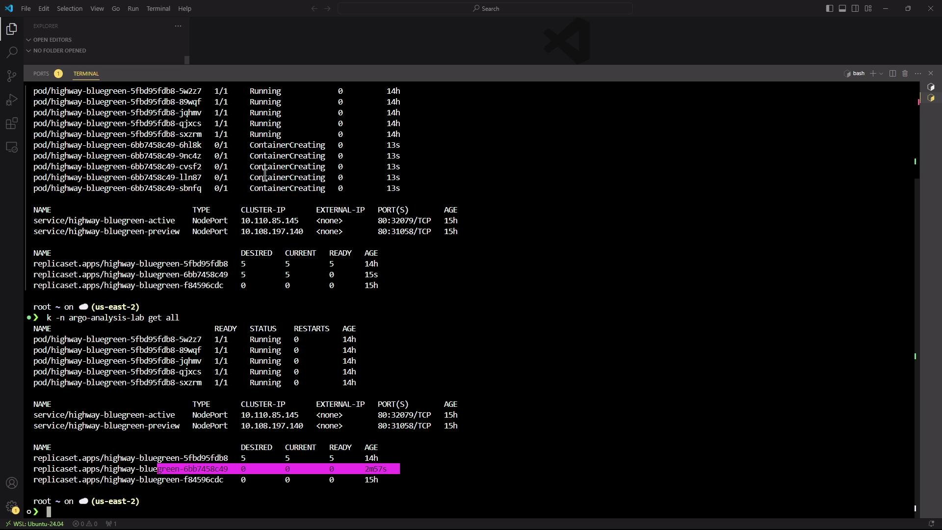 A screenshot of a VS Code window showing a terminal with kubectl output listing Kubernetes pods, services and replica sets for a "highway-bluegreen" deployment. Several pods are shown as Running while others are in ContainerCreating, and NodePort services with cluster IPs/ports are visible.
