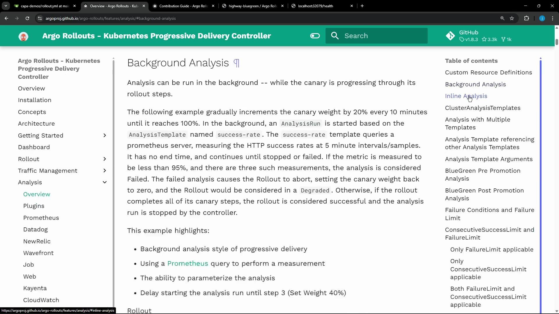 A screenshot of the Argo Rollouts documentation webpage showing the "Background Analysis" section, explaining how analysis runs during canary rollouts. The page includes a left navigation menu and a right-side table of contents.