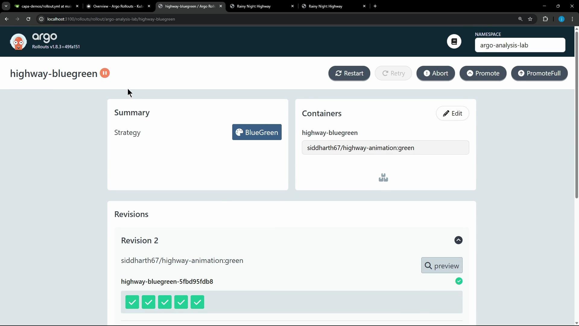 A screenshot of the Argo Rollouts web UI showing the "highway-bluegreen" rollout page with Summary, Containers (siddharth67/highway-animation:green) and Revisions sections. Top controls like Restart, Abort, Promote and PromoteFull are visible.