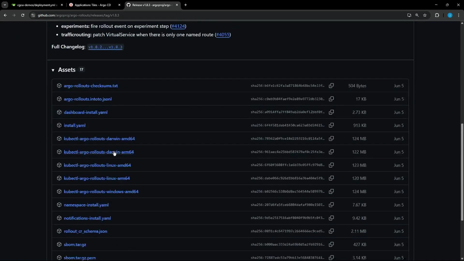 A dark-themed GitHub release page showing the "Assets" list for an argo-rollouts release, with file names like install.yaml, dashboard-install.yaml, kubectl-argo-rollouts binaries for multiple OS/architectures, checksums and YAML/JSON assets. Each entry shows a sha256 hash, file size and the Jun 5 date in a scrollable table.