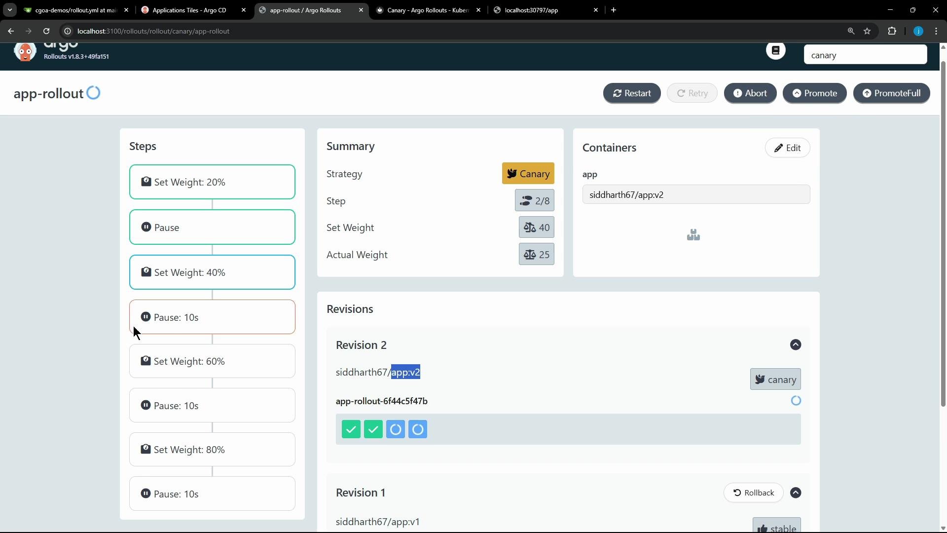 A screenshot of the Argo Rollouts web UI for an "app-rollout" canary deployment, showing a left-hand step timeline with "Set Weight" and "Pause" steps. The center/right panels display the strategy summary (set vs actual weight), container info, and revision details.