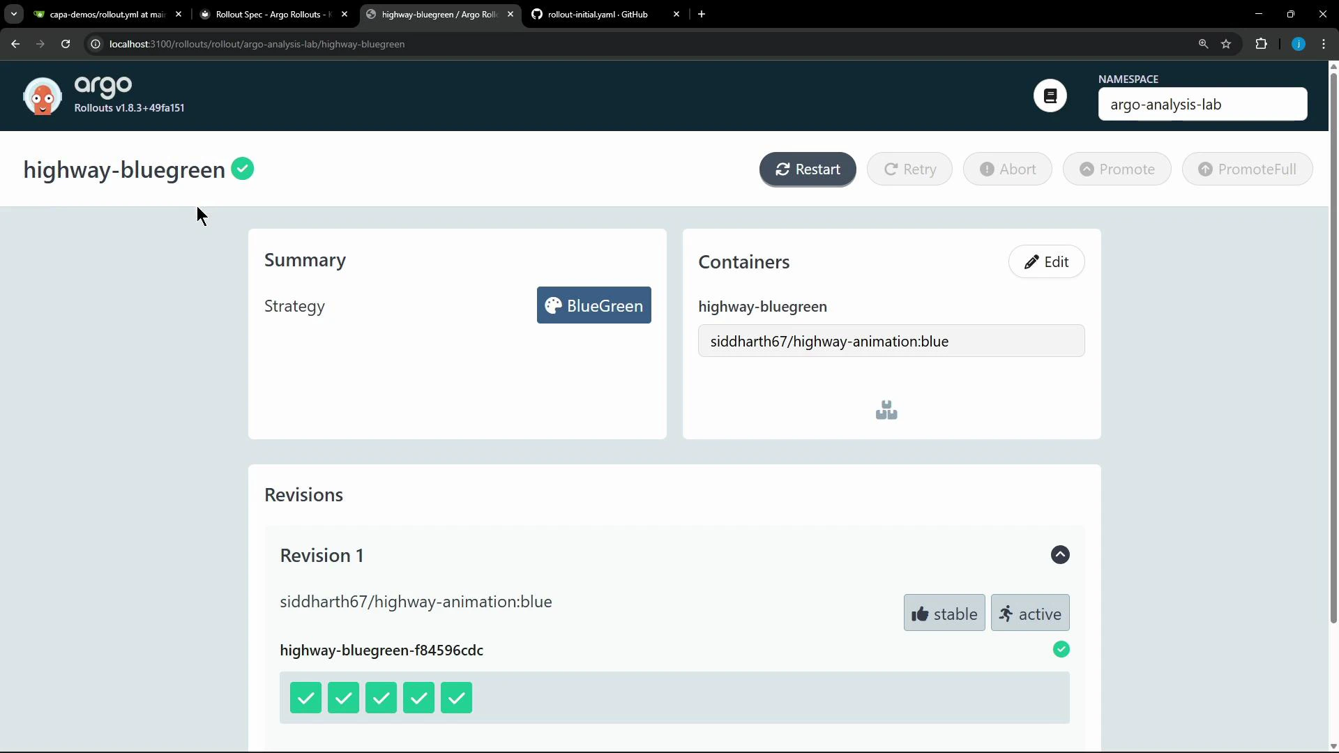 A screenshot of the Argo Rollouts web UI for the "highway-bluegreen" rollout showing a BlueGreen strategy, container image "siddharth67/highway-animation:blue", and a Revision 1 marked stable and active with green checkmarks. The top-right shows the namespace "argo-analysis-lab" and control buttons like Restart, Retry, Abort, and Promote.
