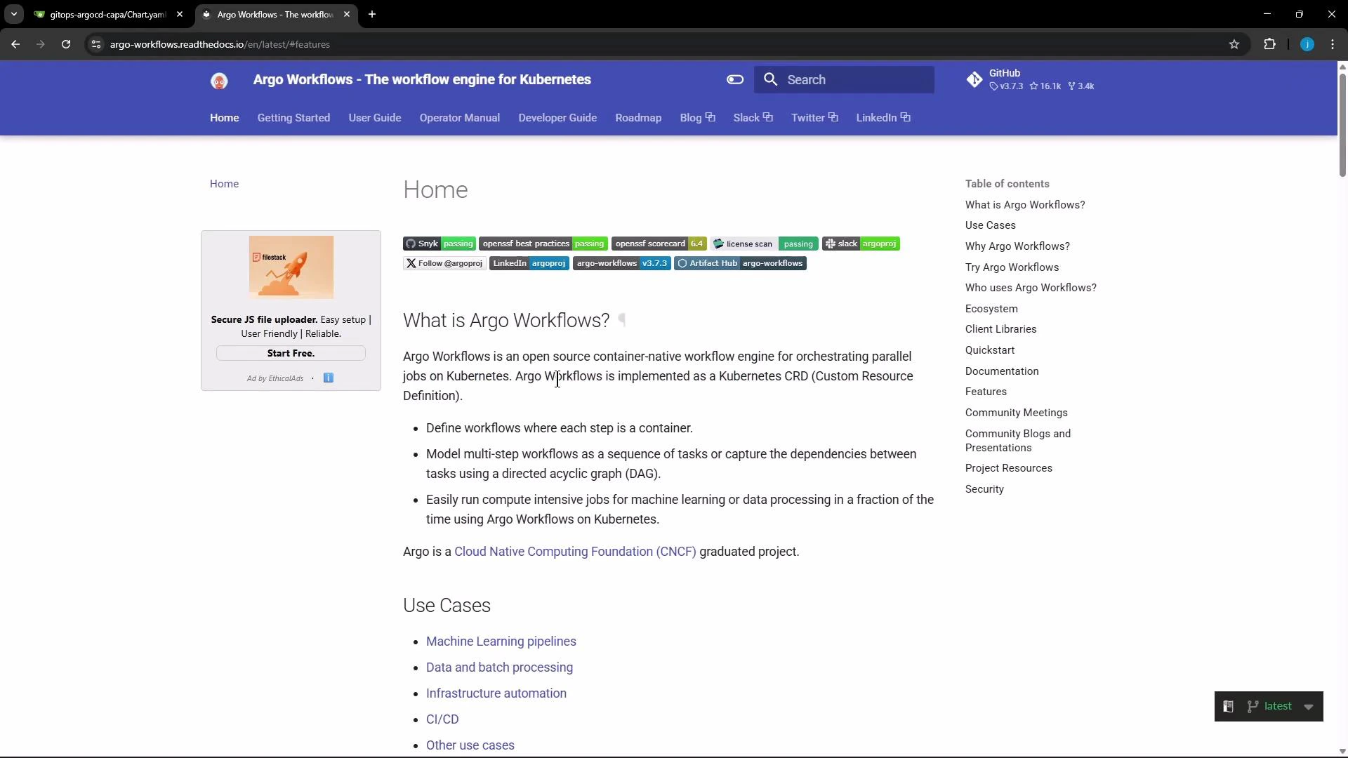 A browser screenshot of the Argo Workflows documentation homepage, showing the header/navigation and a main article titled "What is Argo Workflows?" with bullet points and a right-hand table of contents.