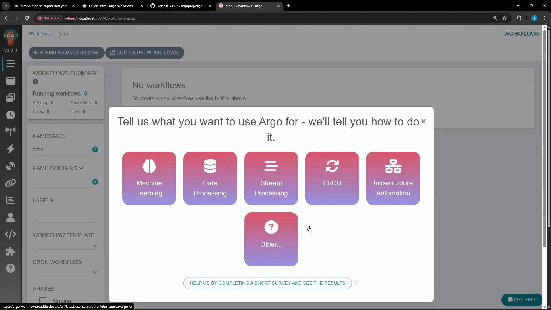 A screenshot of the Argo Workflows web UI with a modal asking "Tell us what you want to use Argo for" and showing selectable tiles like Machine Learning, Data Processing, Stream Processing, CI/CD, Infrastructure Automation, and Other. The blurred dashboard and sidebar are visible in the background with a "No workflows" message.