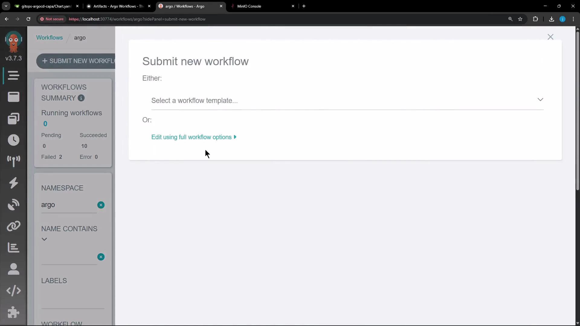 A screenshot of the Argo Workflows web UI showing a "Submit new workflow" panel with options to select a workflow template or edit using full workflow options. The left sidebar displays workflow summary stats and namespace/filters.