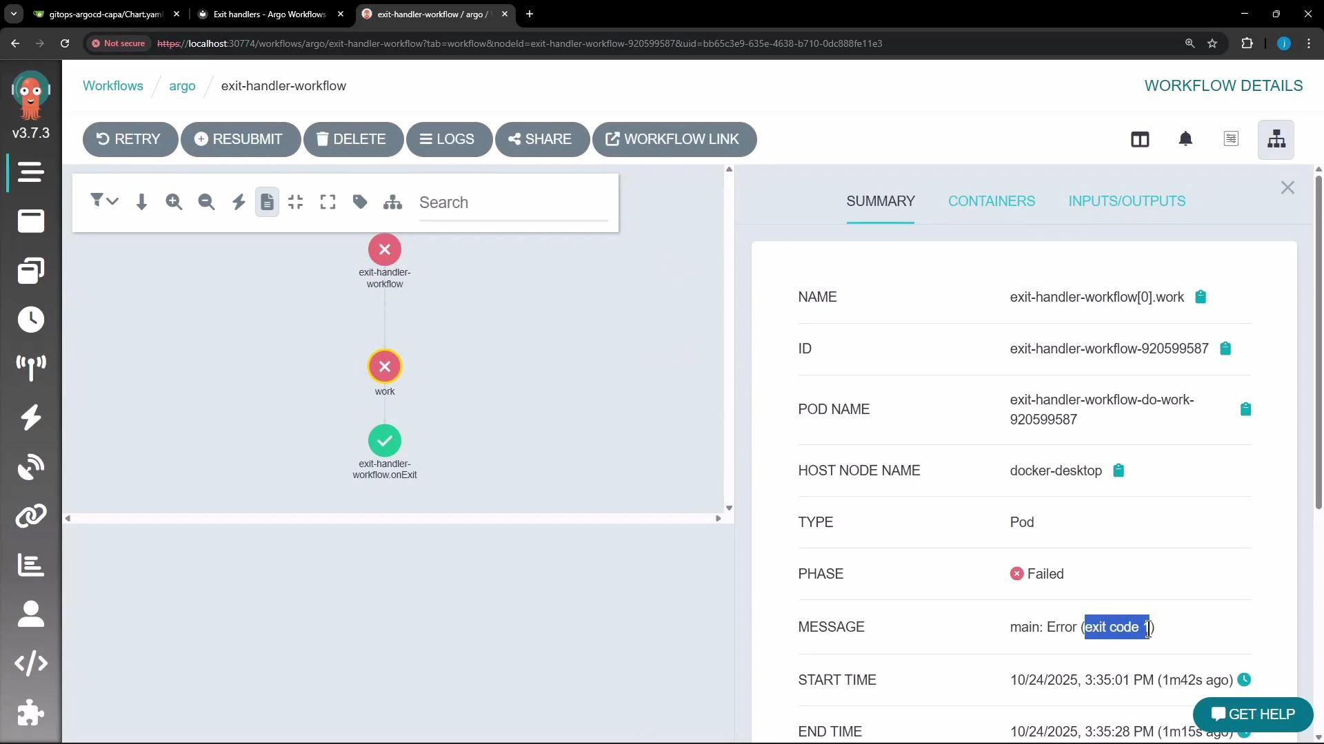 A screenshot of the Argo Workflows web UI showing a vertical workflow graph with a red failed "work" step and a green exit-handler node. The right-hand summary panel lists pod details including a "Failed" phase and an error message with an exit code.