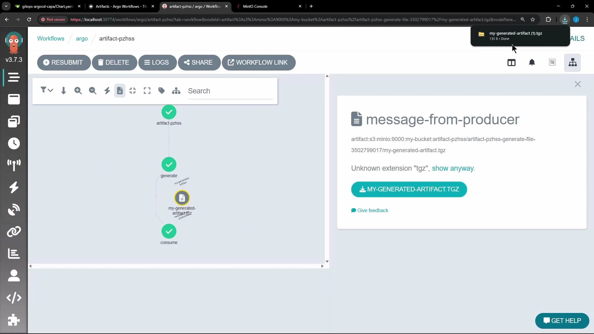 A screenshot of the Argo Workflows web UI showing a workflow called "artifact-pzhss" with nodes (generate → my-generated-artifact.tgz → consume) on the left and an artifact details panel on the right labeled "message-from-producer" with a download button for MY-GENERATED-ARTIFACT.TGZ. Browser tabs and a download notification are visible across the top.