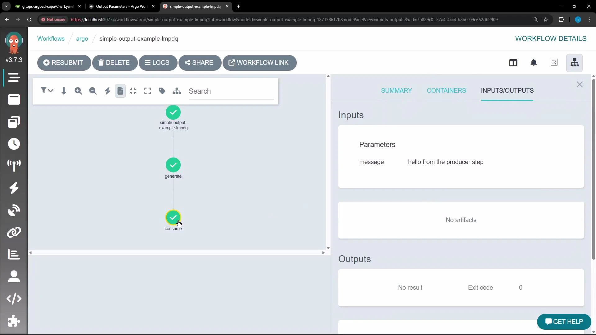 A screenshot of an Argo Workflows UI showing a vertical workflow graph with three completed nodes (simple-output-example-..., generate, consume) on the left and toolbar buttons like RESUBMIT, DELETE, LOGS across the top. The right pane shows Inputs/Outputs with a parameter "message" set to "hello from the producer step" and an output Exit code of 0.