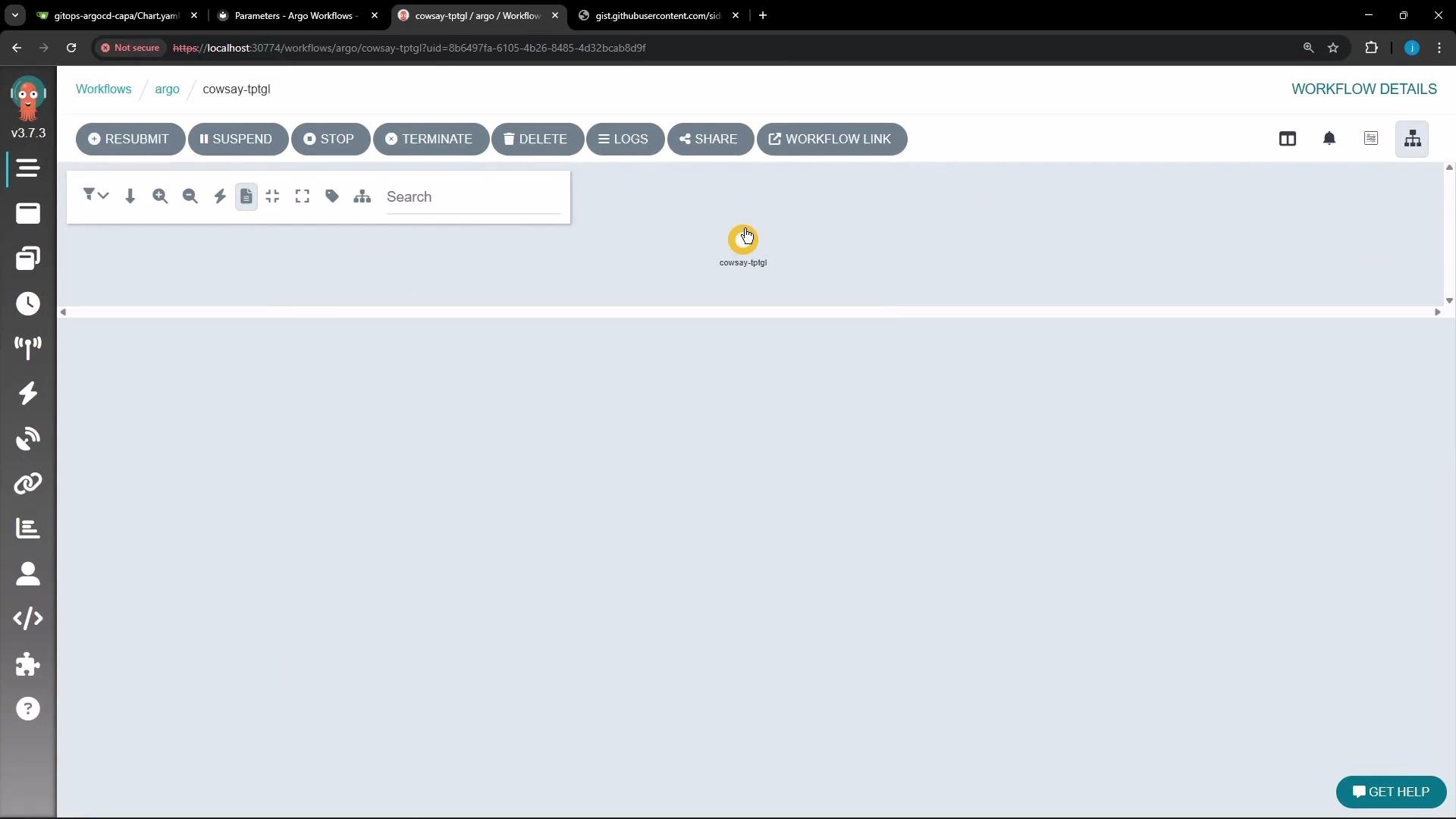 A browser screenshot of the Argo Workflows web interface showing a workflow graph with a single node labeled "cowsay-tptgl." Top action buttons (RESUBMIT, SUSPEND, STOP, TERMINATE, DELETE, LOGS, SHARE, WORKFLOW LINK) and a left-hand icon toolbar are visible.