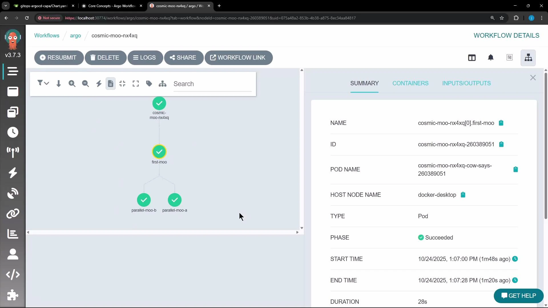 A screenshot of the Argo Workflows web UI showing a workflow graph with nodes labeled "cosmic-moo-nx4xq", "first-moo", and two parallel tasks ("parallel-moo-a" and "parallel-moo-b"). The right-hand panel displays the selected node's details, including pod name, host node, and a "Succeeded" phase.