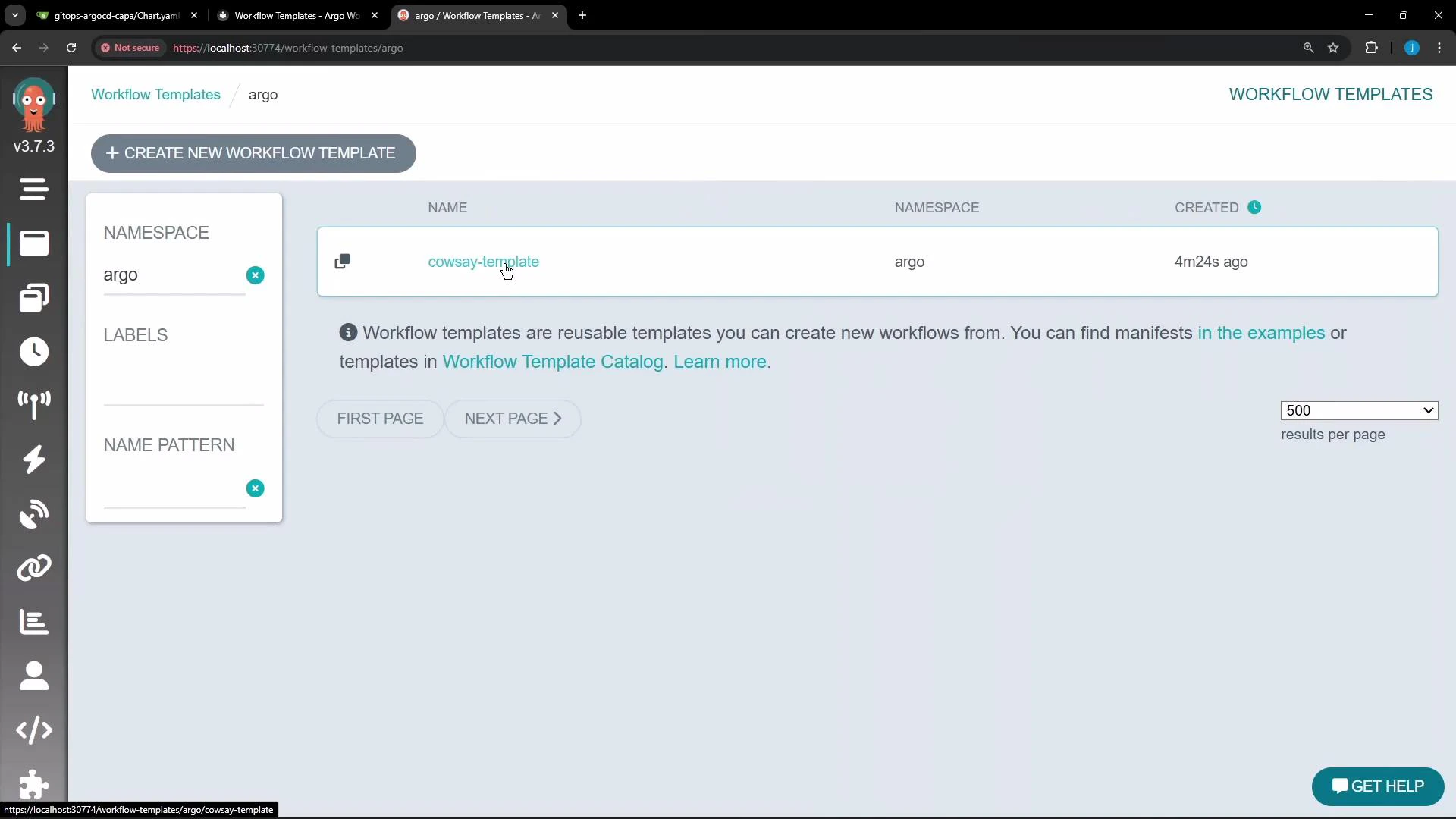 A screenshot of the Argo Workflow Templates web UI showing a single template named "cowsay-template" in the "argo" namespace with a "CREATE NEW WORKFLOW TEMPLATE" button. The left sidebar shows navigation icons and there's a "GET HELP" button in the bottom-right.