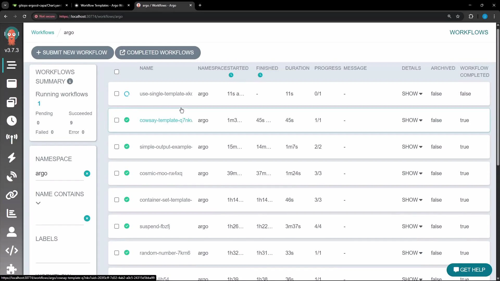 A screenshot of the Argo Workflows web UI showing a list of workflows (names, namespaces, start/finish times, durations and progress) with a left sidebar for filters and navigation. The top has buttons to submit or view completed workflows.