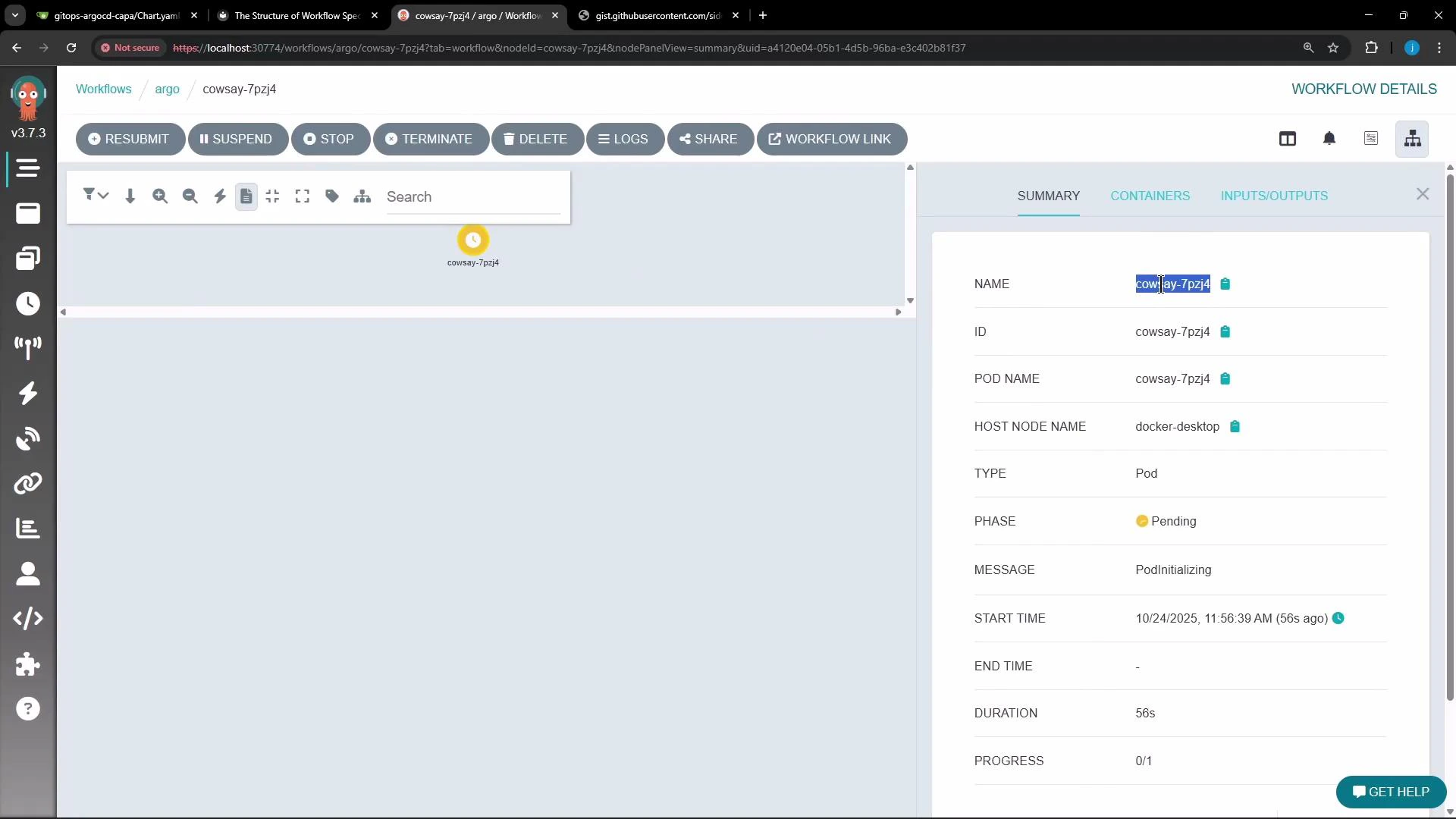 A screenshot of the Argo Workflows web UI showing a workflow named "cowsay-7pzj4." The right-hand summary panel lists details like ID, pod name, host node, phase "Pending" with message "PodInitializing," while control buttons (Resubmit, Suspend, Stop, Terminate, etc.) appear across the top.