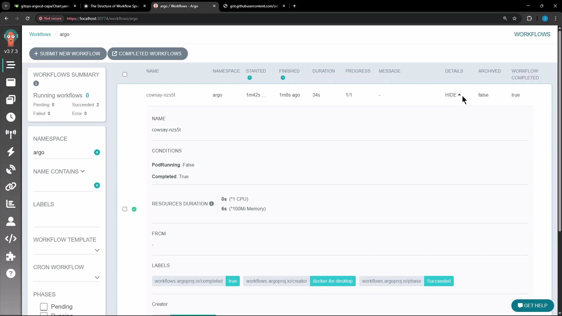 A browser screenshot of the Argo Workflows web UI showing a workflow named "cowsay-nzs5t" with status, start/finish times, duration, conditions and labels. The left sidebar displays namespace and filter options and the top bar has "Submit New Workflow" and "Completed Workflows" buttons.