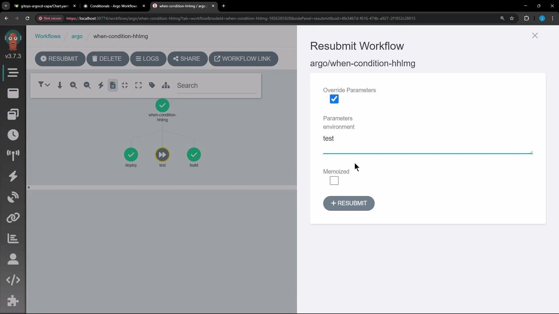 A screenshot of the Argo Workflows web UI showing a workflow diagram (with deploy, test, build nodes) on the left and a "Resubmit Workflow" side panel on the right where parameters (environment = test) can be overridden and a "+ RESUBMIT" button is shown.