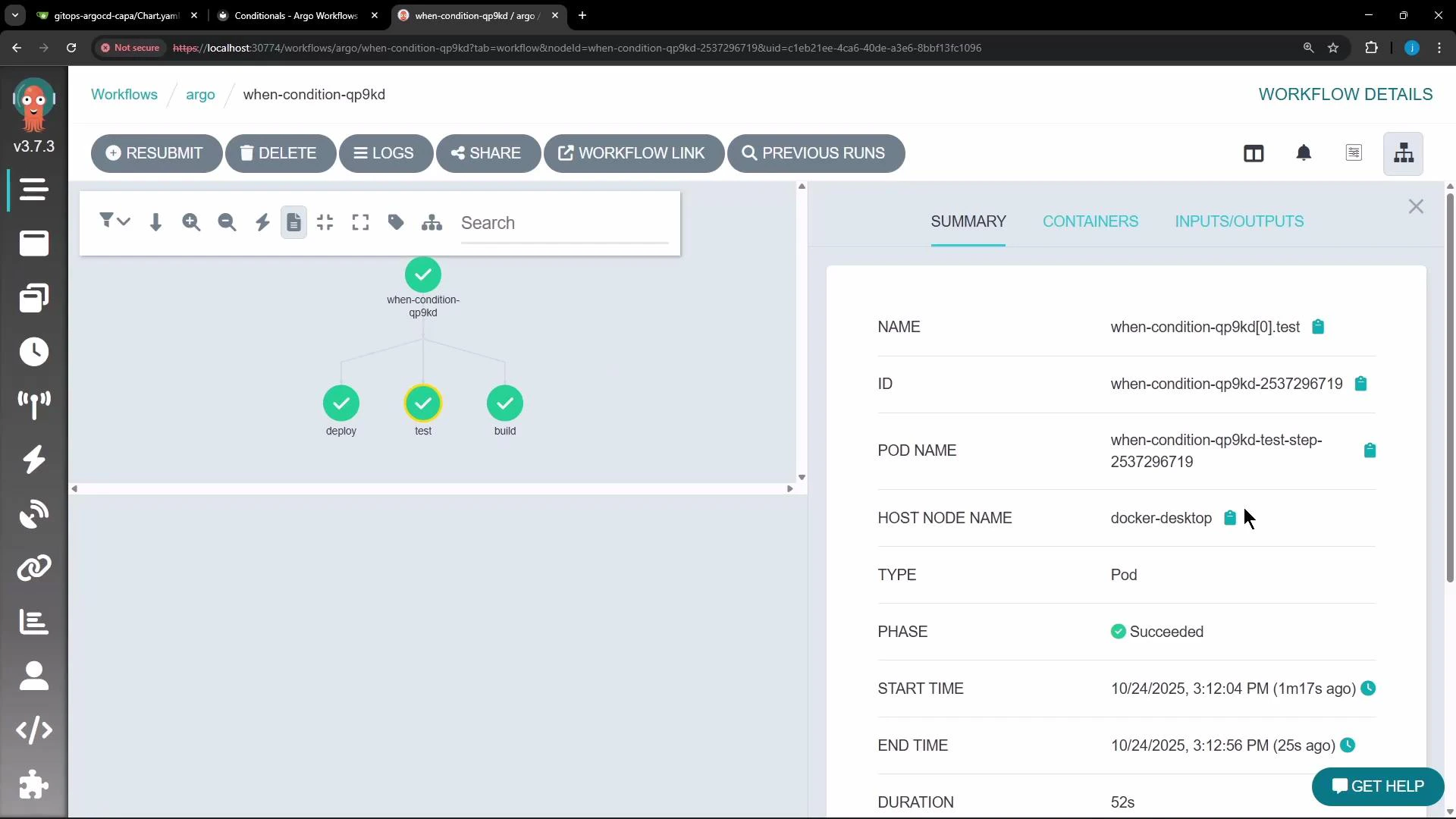 A screenshot of the Argo Workflows web UI showing a workflow graph with three completed steps labeled "deploy", "test", and "build." The right-hand panel displays summary details for the selected pod, including name, host node, phase (Succeeded), start/end times, and duration.