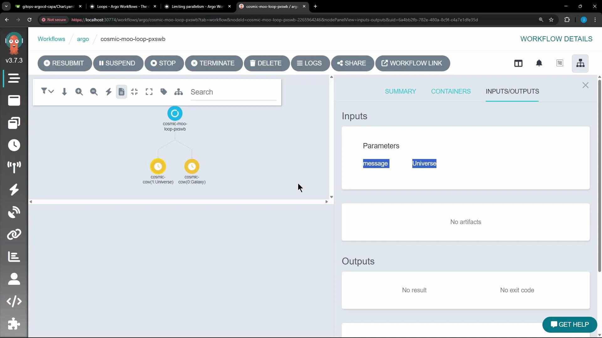 A screenshot of the Argo Workflows web UI showing a workflow named
"cosmic-moo-loop-pxswb" with two child tasks labeled for Universe and Galaxy.
The right-hand Inputs/Outputs panel lists parameters "message" and
"Universe."