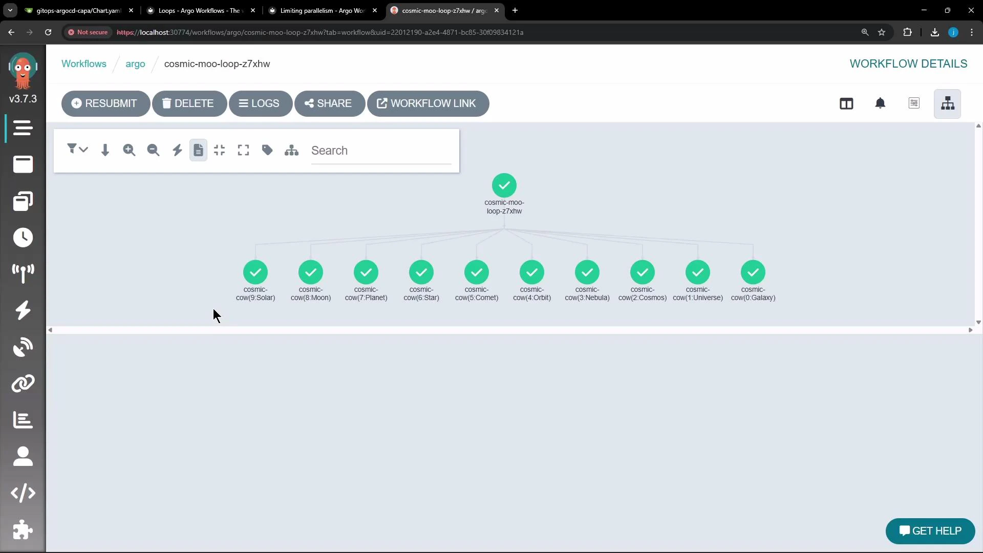 Screenshot of the Argo Workflows web UI displaying a completed workflow
named "cosmic-moo-loop-z7xhw" with multiple child nodes labeled
"cosmic-cow(...)" showing green check marks. The top toolbar includes buttons
like RESUBMIT, DELETE, and LOGS, and a left sidebar of navigation icons is
visible.