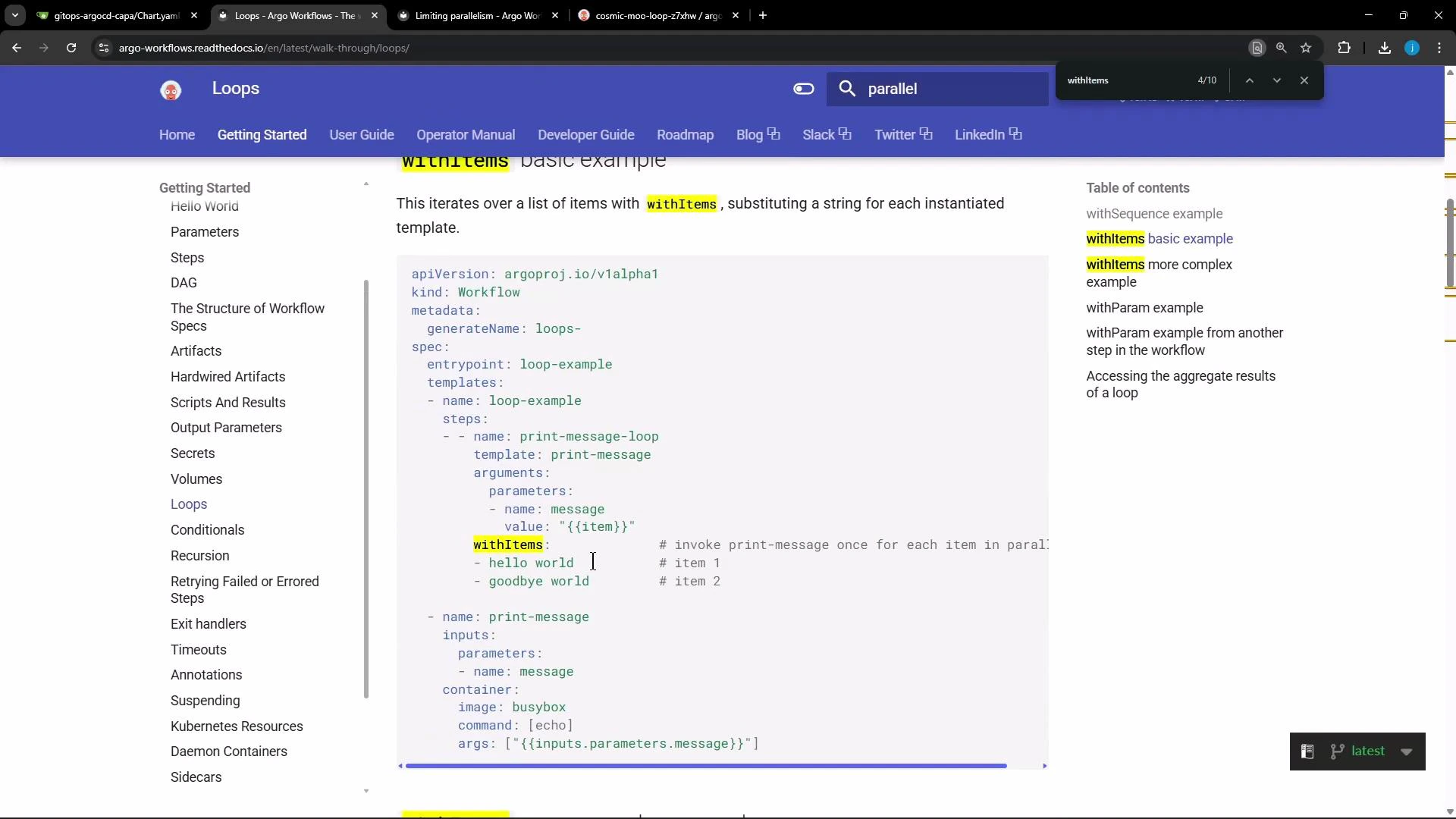 A screenshot of the Argo Workflows "Loops" documentation showing a YAML code
example using withItems to iterate over items. The page includes a left
navigation menu, a table of contents on the right, and highlighted "withItems"
text.