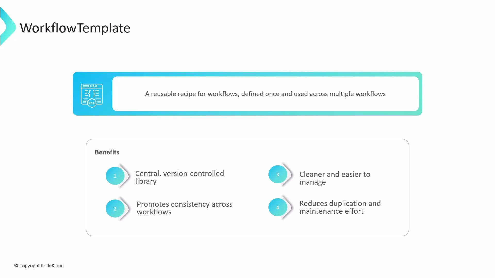 A presentation slide titled "WorkflowTemplate" that defines it as "A reusable recipe for workflows, defined once and used across multiple workflows." Below that is a boxed "Benefits" list of four points: a central version-controlled library, promotes consistency, cleaner/easier to manage, and reduces duplication and maintenance effort.
