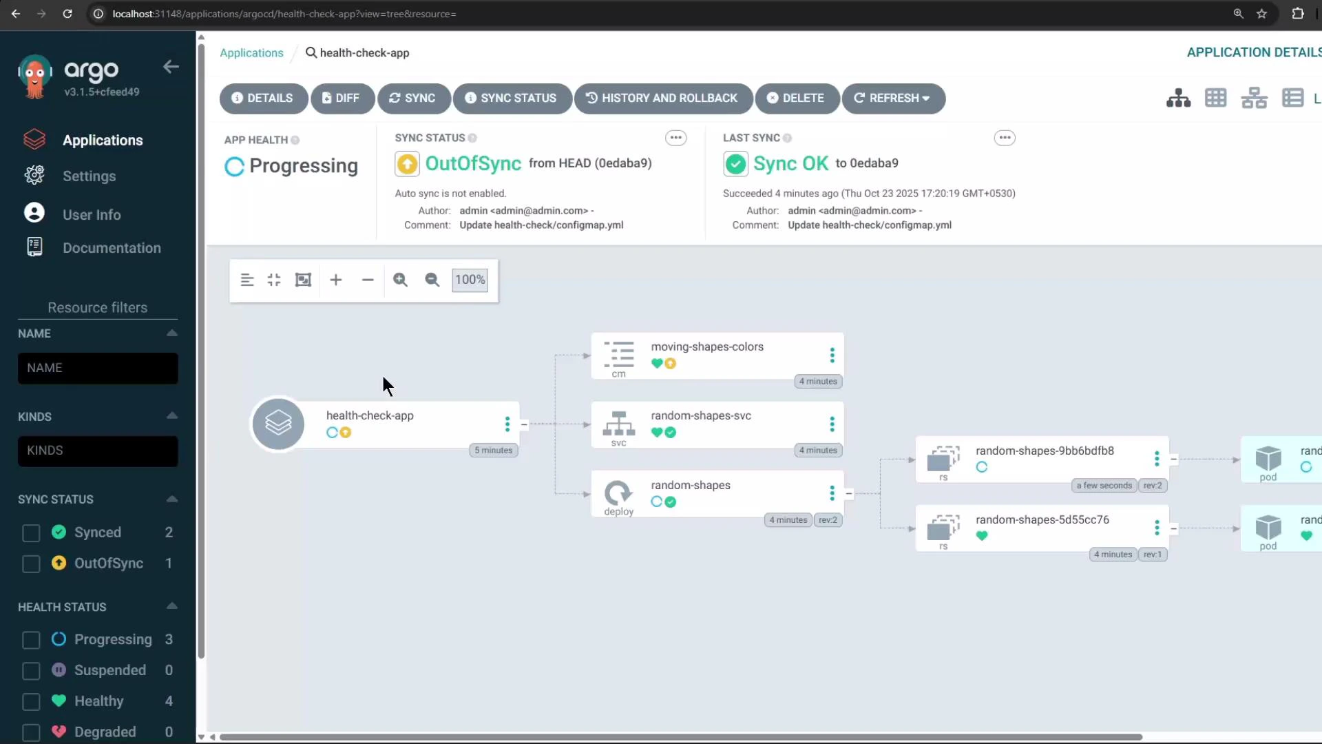 A screenshot of the Argo CD web UI showing the "health-check-app" application with sync and health status panels at the top and a resource tree diagram on the right listing components like moving-shapes-colors, random-shapes-svc, and pods. The left sidebar shows navigation and resource filters.