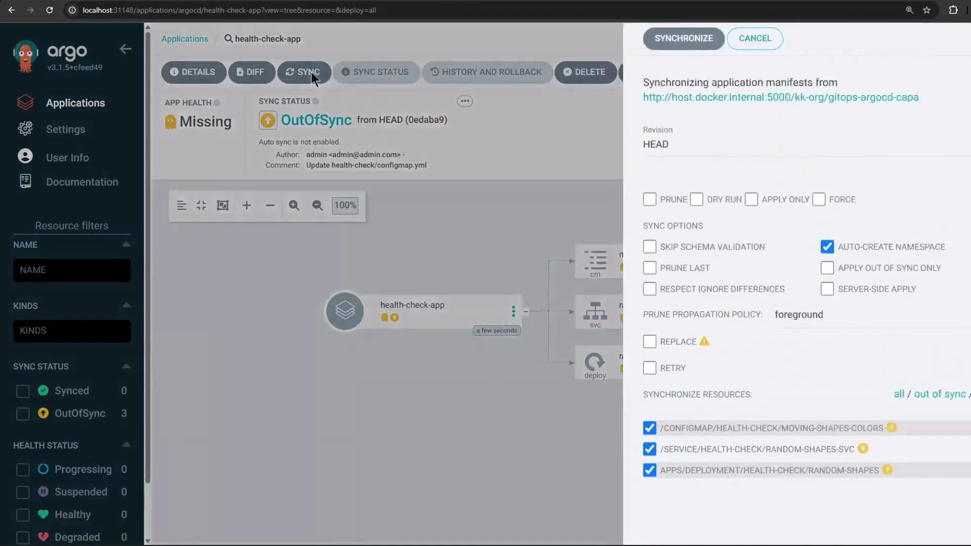 Screenshot of the Argo CD web UI showing the "health-check-app" application marked OutOfSync and Missing. A synchronization panel is open on the right with sync options (Auto-create Namespace checked) and three resources selected for sync.