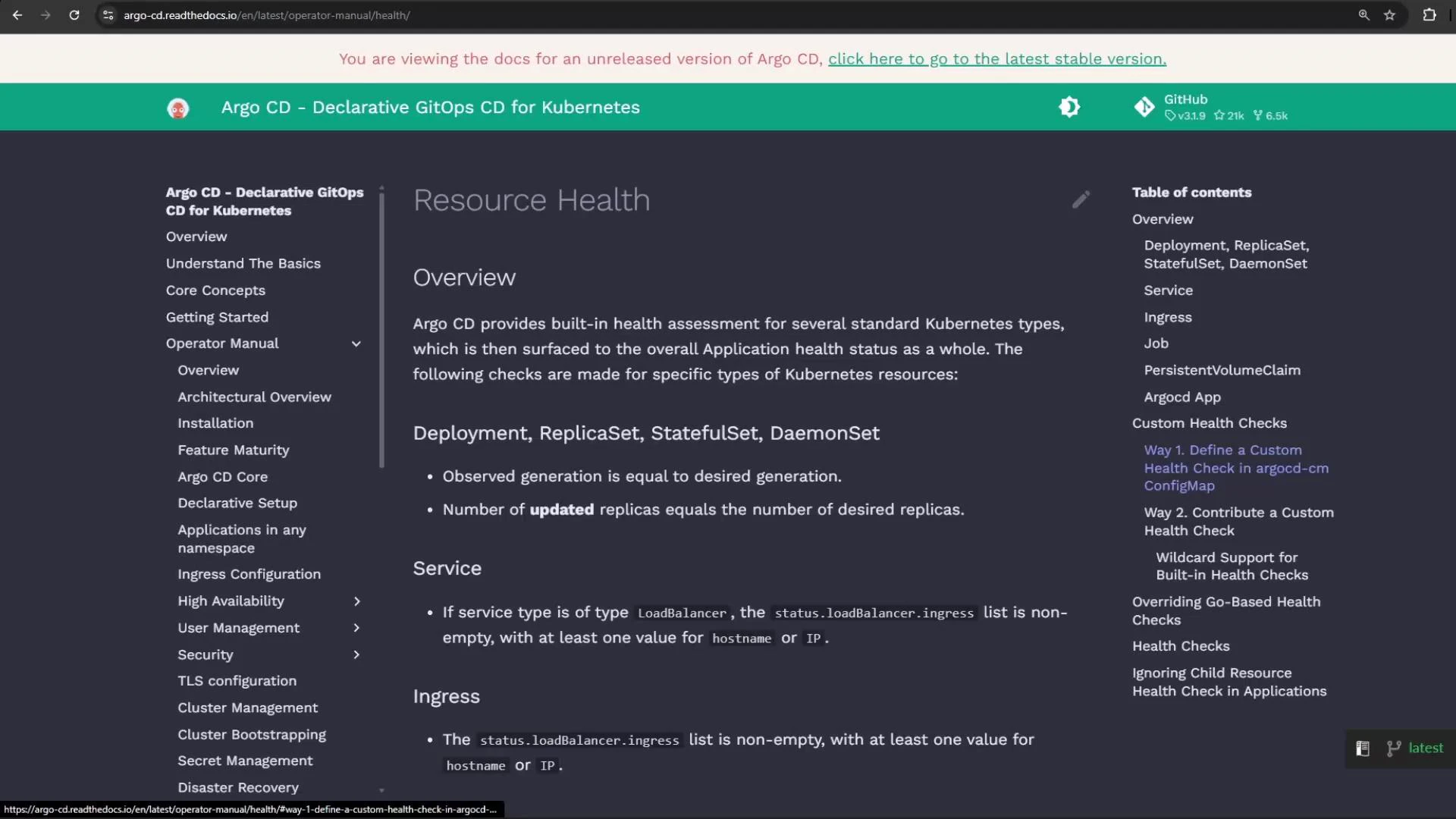 A screenshot of the Argo CD documentation web page showing the "Resource Health" section with an overview and checks for Kubernetes resources. The page includes a left navigation menu and a right-side table of contents.