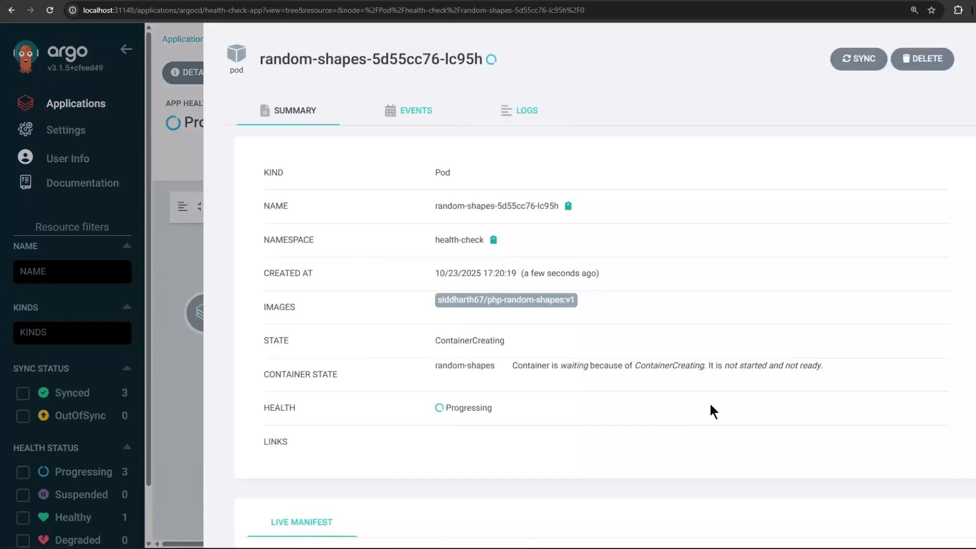 A screenshot of the Argo CD web UI showing details for the pod "random-shapes-5d55cc76-lc95h" in the health-check namespace. The pod is in state "ContainerCreating" with health "Progressing," and the left sidebar shows application navigation and resource filters.