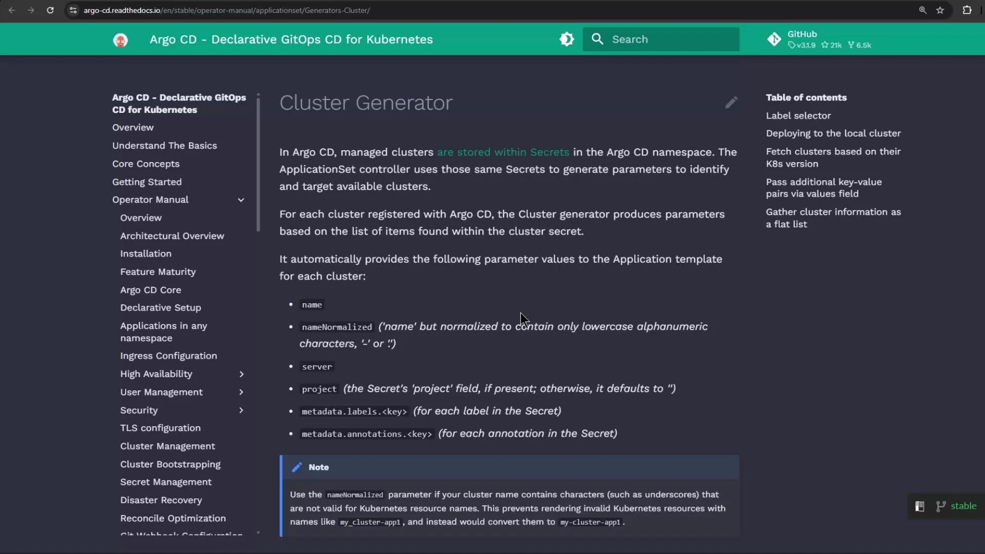 A screenshot of the Argo CD documentation page titled "Cluster Generator," showing a left navigation menu, the main content describing cluster parameters and secrets, and a right-hand table of contents. The page explains generated parameter values like name, server, and metadata fields.