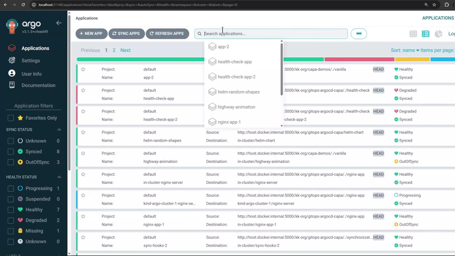 A screenshot of the Argo CD web UI showing an applications dashboard with a search dropdown and a list of Kubernetes apps. The left sidebar shows navigation and sync/health filters while the main pane lists app names, projects, source/destination info and health/sync status badges.