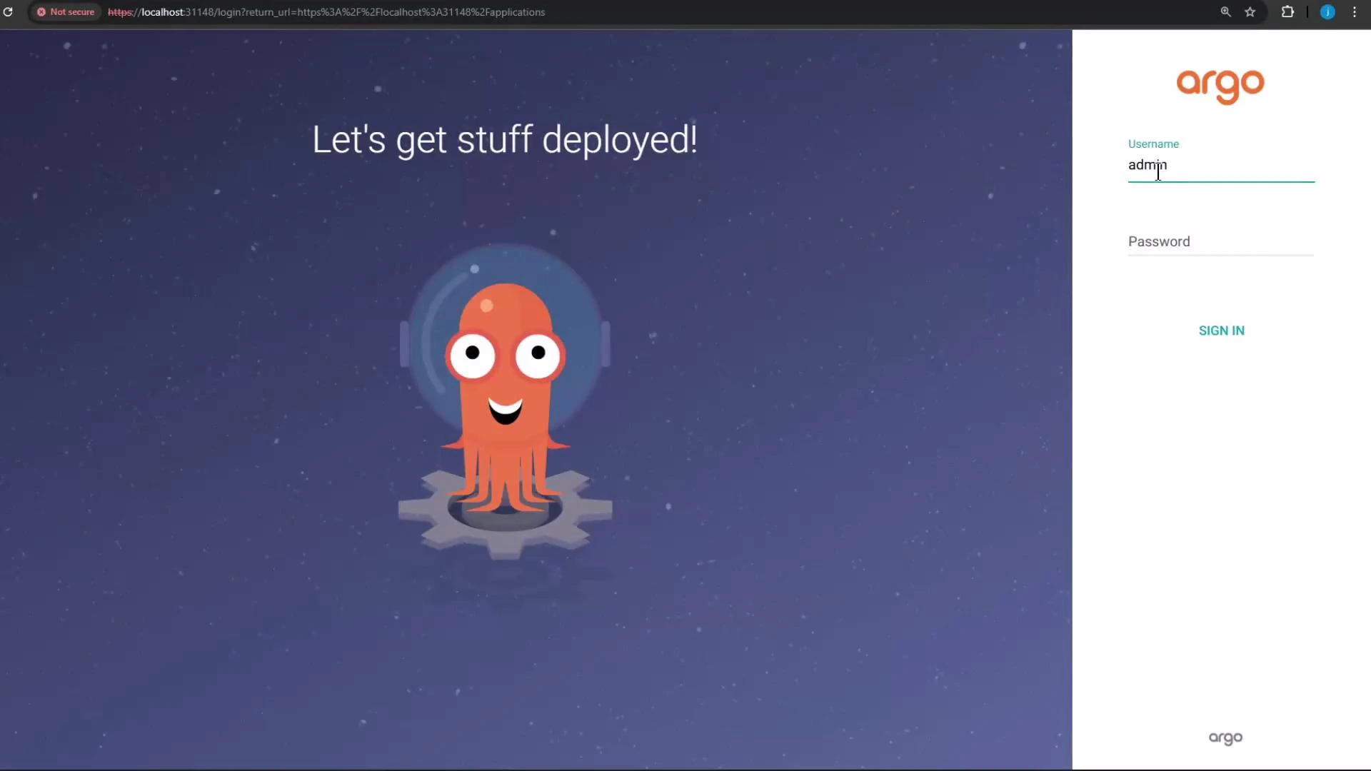 A web app login screen for Argo with a purple starry background, the text
"Let's get stuff deployed!" and a smiling orange octopus/alien mascot standing
on a gear. On the right is a white login panel with the Argo logo and
username/password fields (username "admin"
entered).