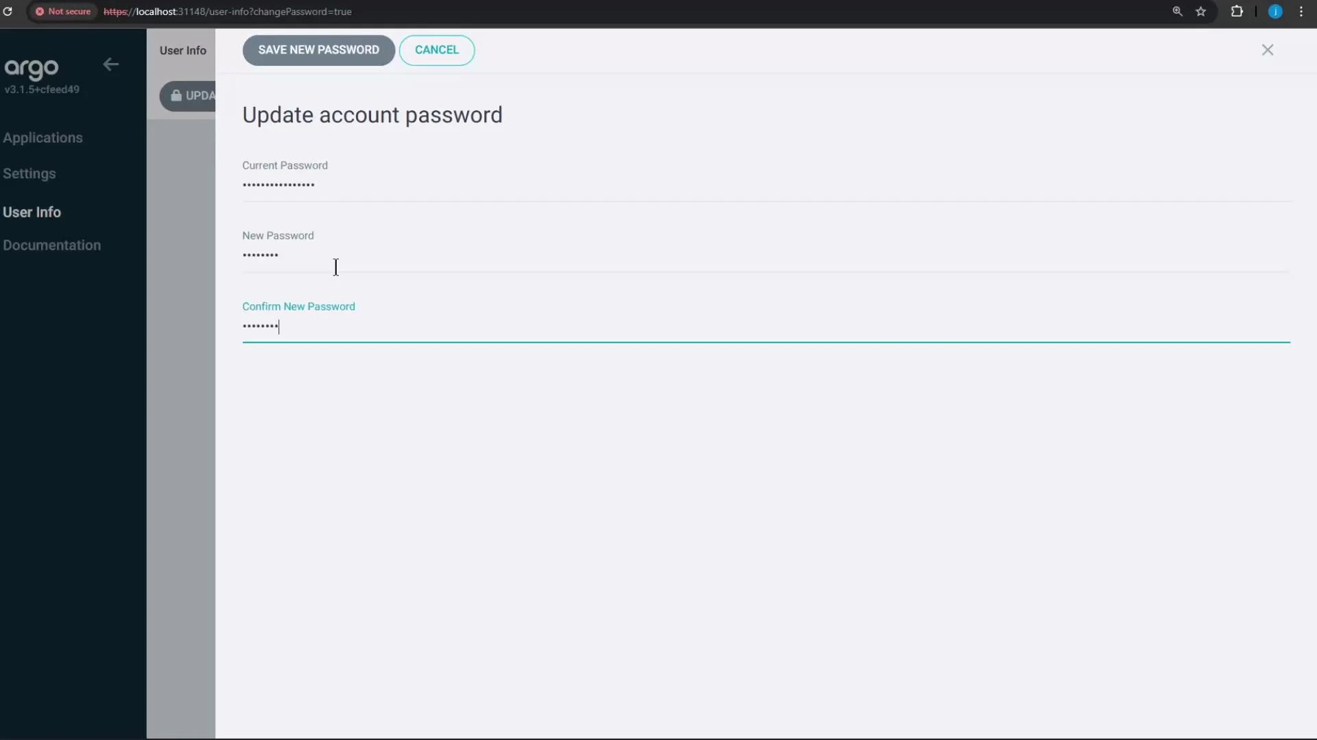 A screenshot of a web app "Update account password" page showing masked
fields for Current Password, New Password, and Confirm New Password with "SAVE
NEW PASSWORD" and "CANCEL" buttons. The app branding reads "argo" and there's
a dark navigation sidebar on the
left.