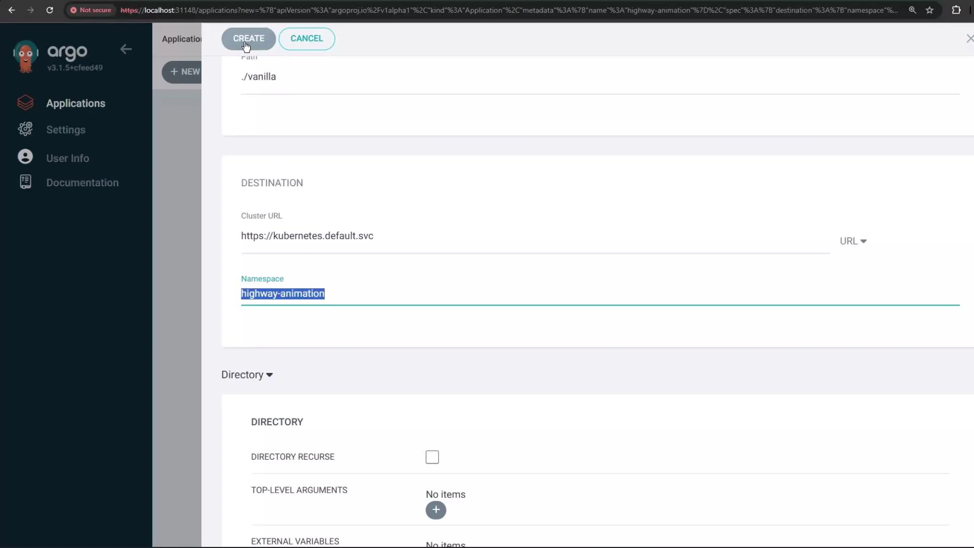 A screenshot of the Argo web UI showing an "Create" application form. The Destination section lists Cluster URL "https://kubernetes.default.svc" and the Namespace field highlighted as "highway-animation."