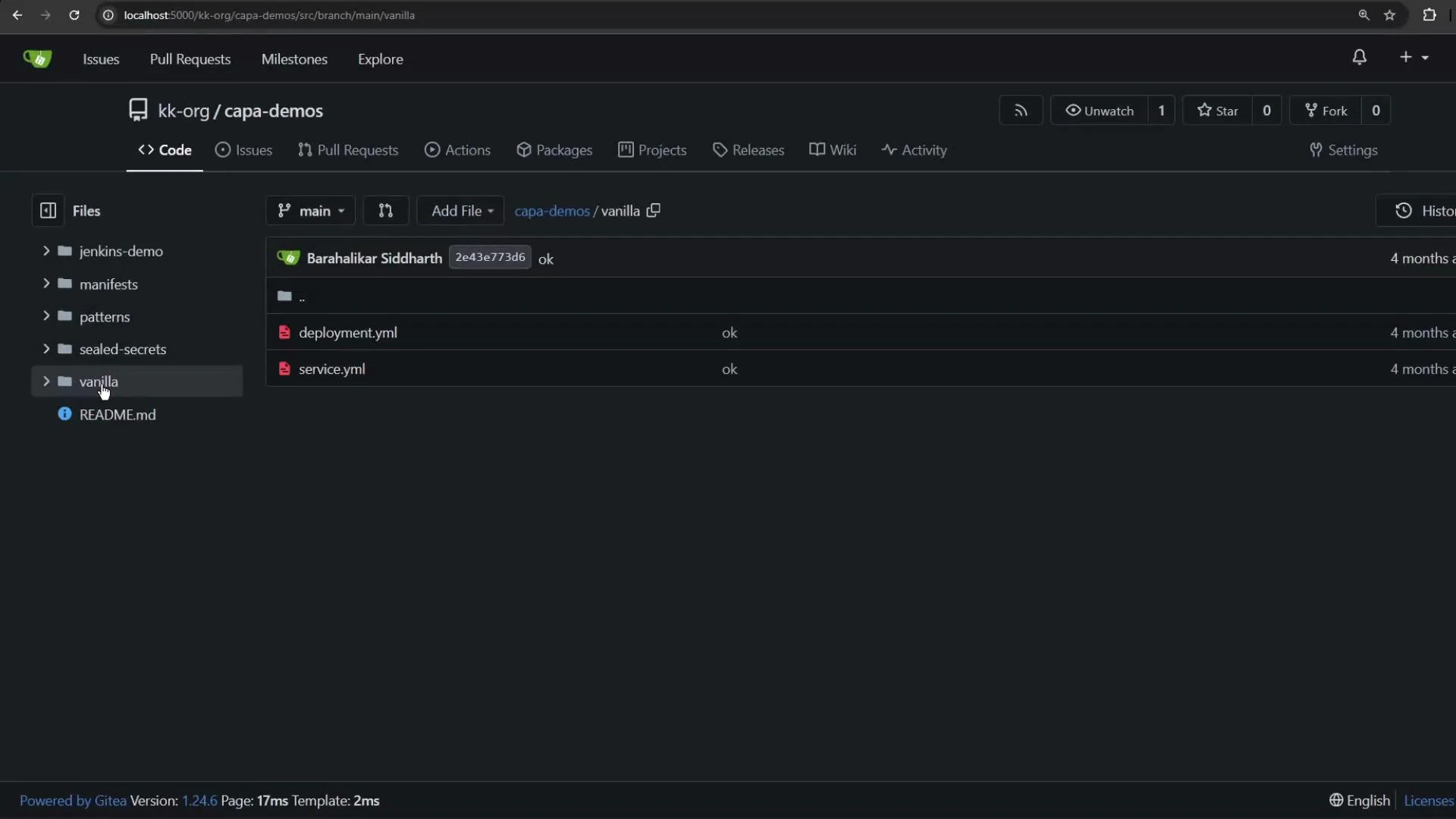 A dark-themed repository browser (Gitea) showing the kk-org/capa-demos project with the "vanilla" folder open, listing deployment.yml and service.yml. The left sidebar shows other folders like jenkins-demo, manifests, patterns and sealed-secrets.