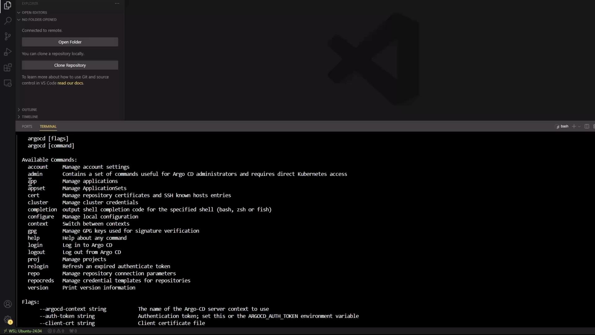 A dark-themed Visual Studio Code window with the integrated terminal displaying the Argo CD CLI help output (a list of available commands and flags). The Explorer sidebar is visible on the left and a faint Argo CD/VS Code logo appears in the editor area.