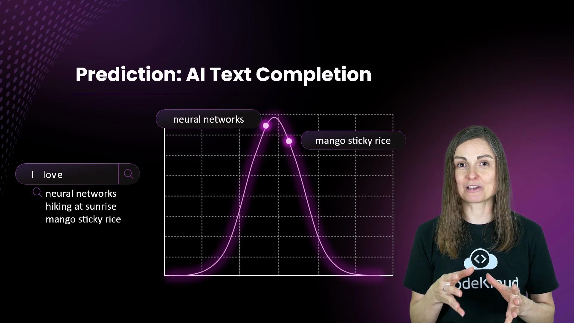 The image shows an AI text completion demonstration with a graph predicting the text "I love" followed by "neural networks" and "mango sticky rice," with a person speaking in the foreground.