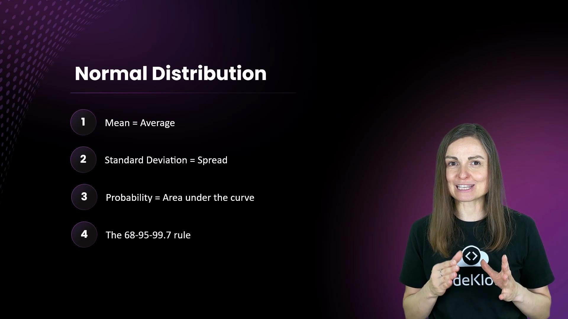 The image shows a slide on "Normal Distribution" with key points about mean, standard deviation, probability, and the 68-95-99.7 rule, alongside a person gesturing.