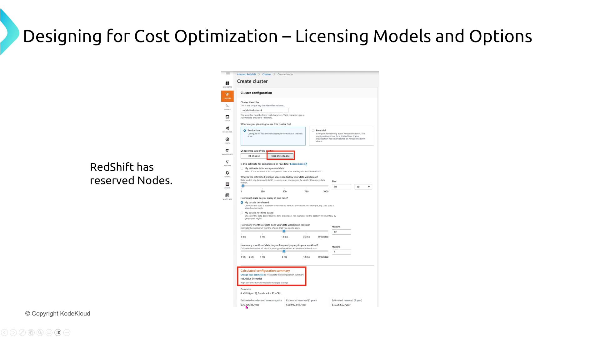 A presentation slide titled "Designing for Cost Optimization – Licensing Models and Options" showing a screenshot of the Amazon Redshift "Create cluster" console and a note saying "RedShift has reserved Nodes."