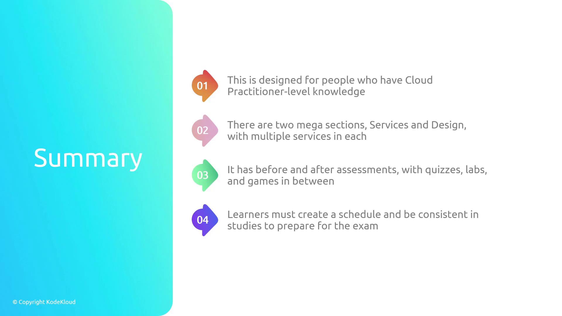 A slide titled "Summary" with four numbered points outlining a cloud course: it's for learners with Cloud Practitioner-level knowledge, has two main sections (Services and Design), includes assessments/quizzes/labs/games, and advises creating a study schedule to prepare for the exam.