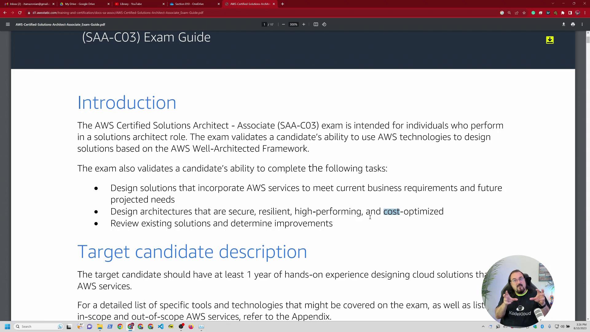 A screenshot of a PDF titled "Introduction" from the AWS Certified Solutions Architect – Associate (SAA-C03) exam guide, showing descriptive text and bullet points about the exam. A small circular video overlay of a person appears in the bottom-right corner.