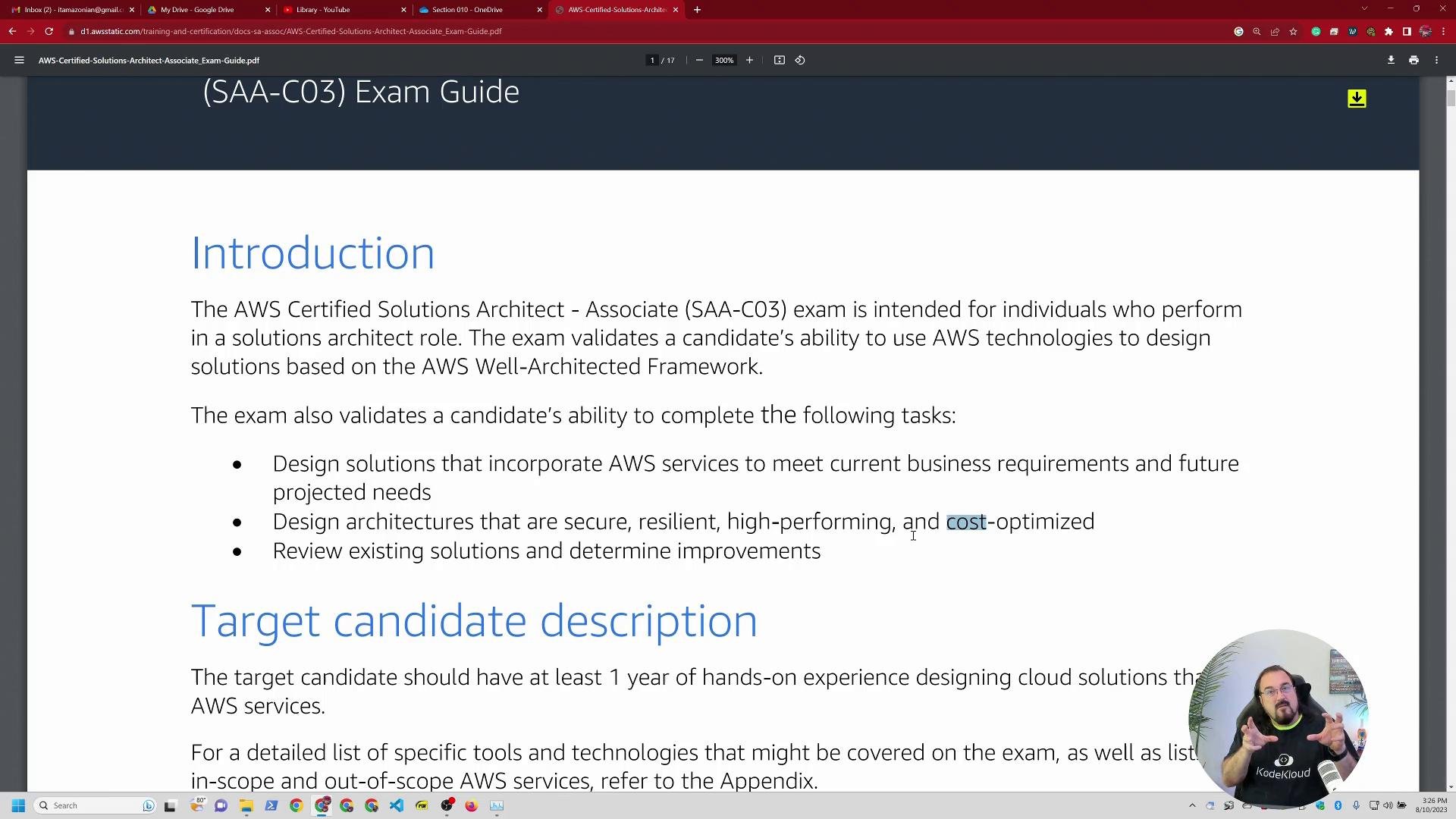 A screenshot of a PDF titled "Introduction" from the AWS Certified Solutions Architect – Associate (SAA-C03) exam guide, showing descriptive text and bullet points about the exam. A small circular video overlay of a person appears in the bottom-right corner.