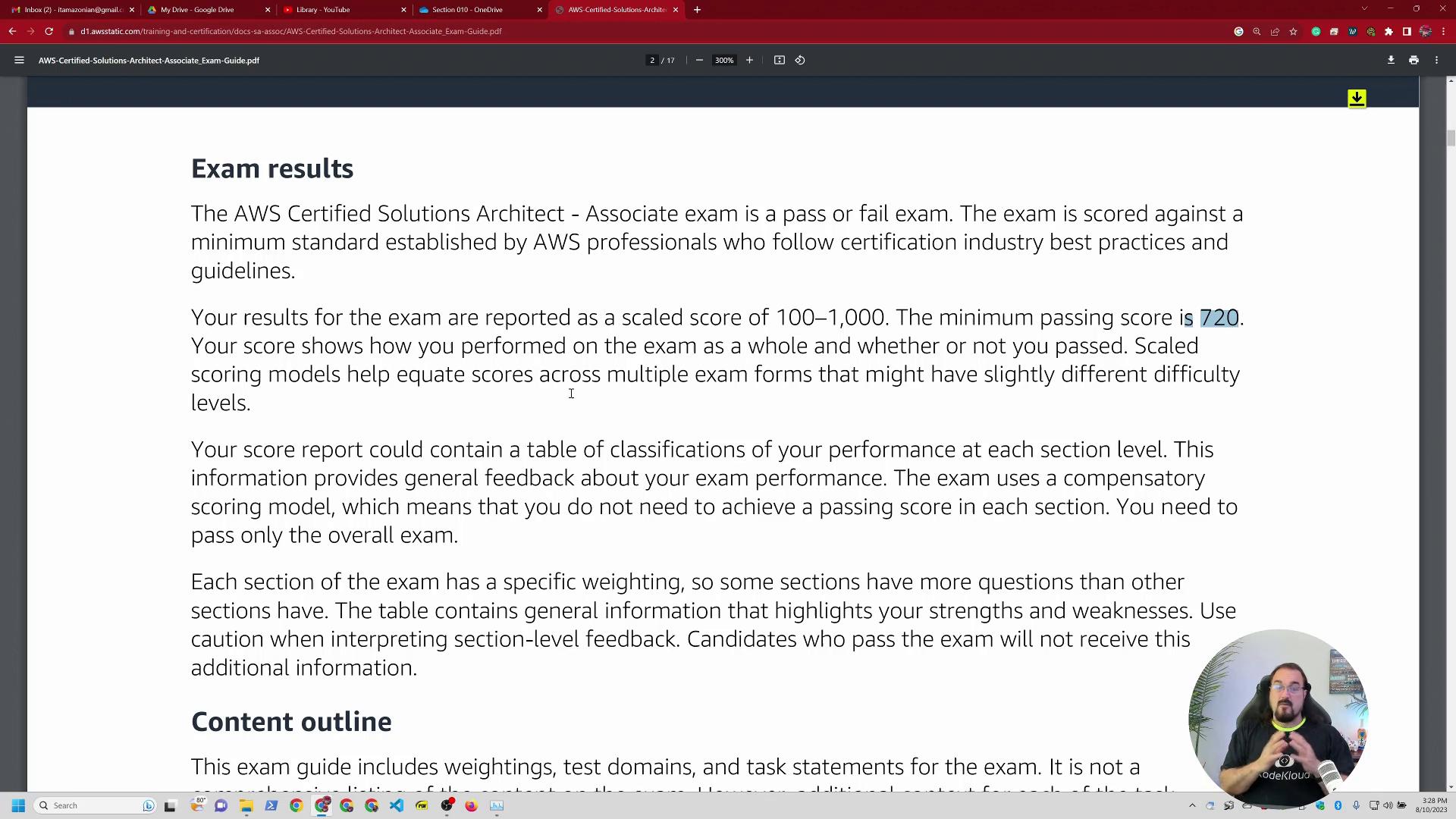 A screenshot of a PDF page titled "Exam results" describing the AWS Certified Solutions Architect – Associate exam (it shows the minimum passing score of 720). A small circular webcam overlay of a person speaking appears at the bottom-right.
