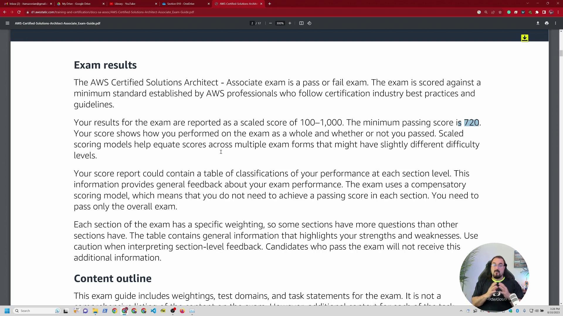 A screenshot of a PDF page titled "Exam results" describing the AWS Certified Solutions Architect – Associate exam (it shows the minimum passing score of 720). A small circular webcam overlay of a person speaking appears at the bottom-right.