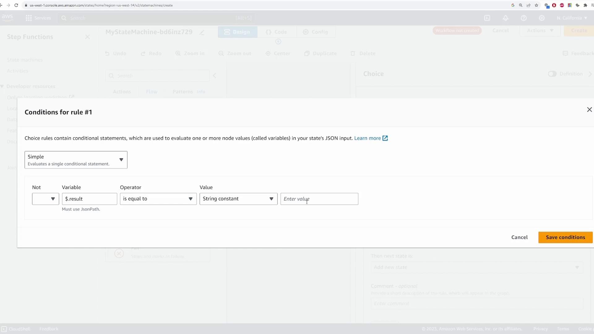 A screenshot of the AWS Step Functions console showing a modal titled "Conditions for rule #1." The dialog displays a simple conditional rule editor with Variable set to $.result, Operator "is equal to", a "String constant" value field, and a "Save conditions" button.